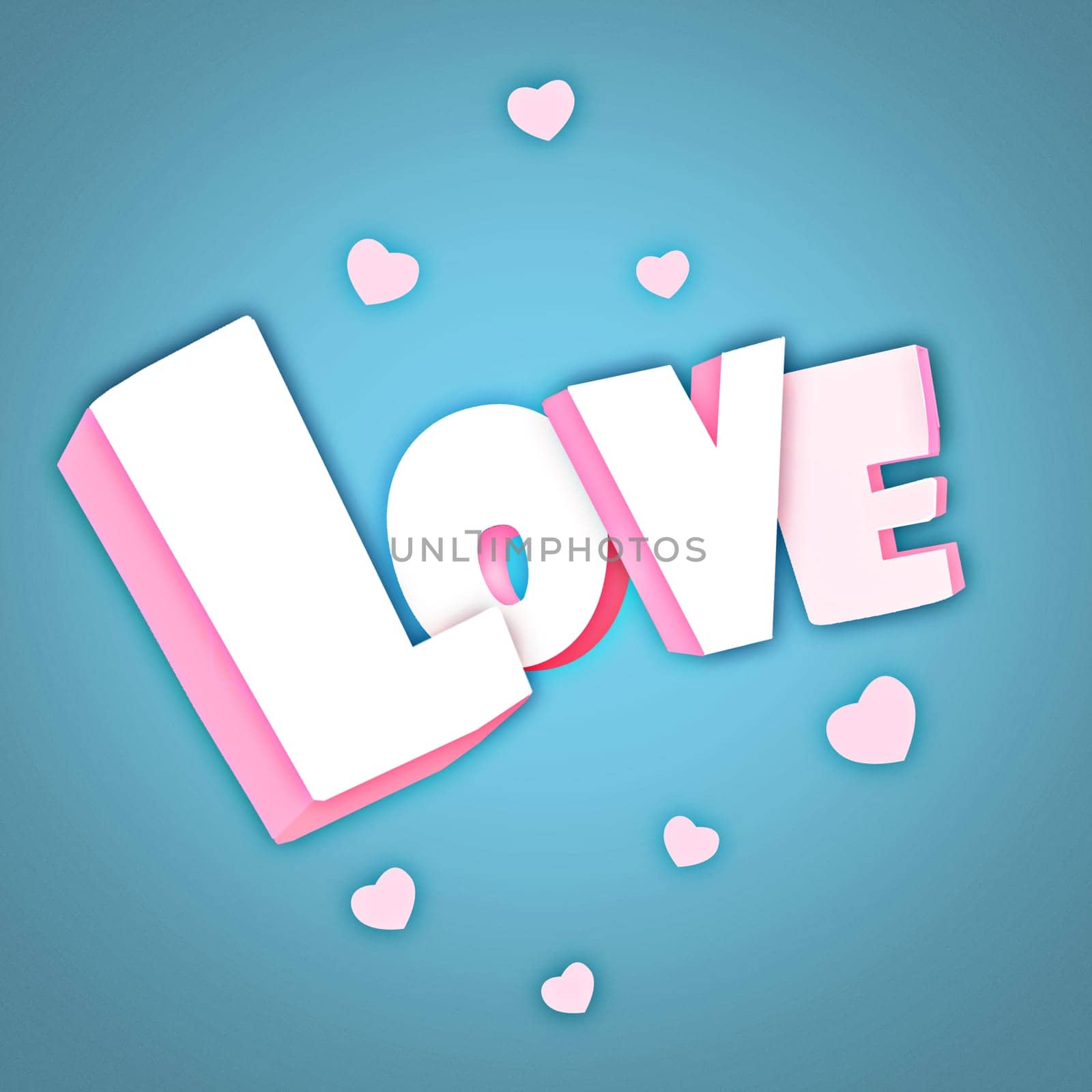 Love, heart and letters on graphic with word in studio for texture, pattern or design isolated on a blue background. Valentines day, sign and icons with text for art, label or typography for romance.