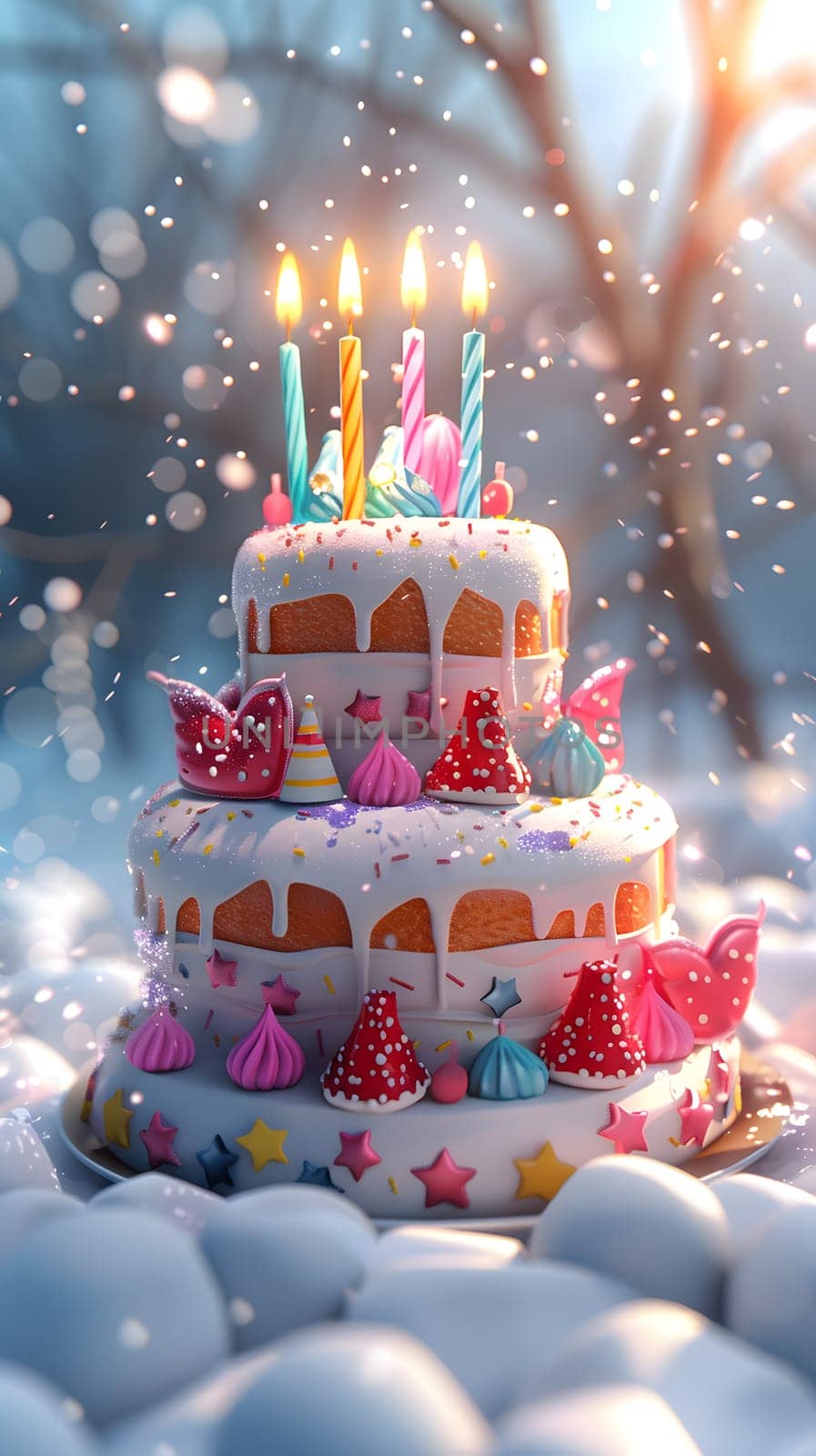 A pink birthday cake with candles sits in the snowy landscape by Nadtochiy