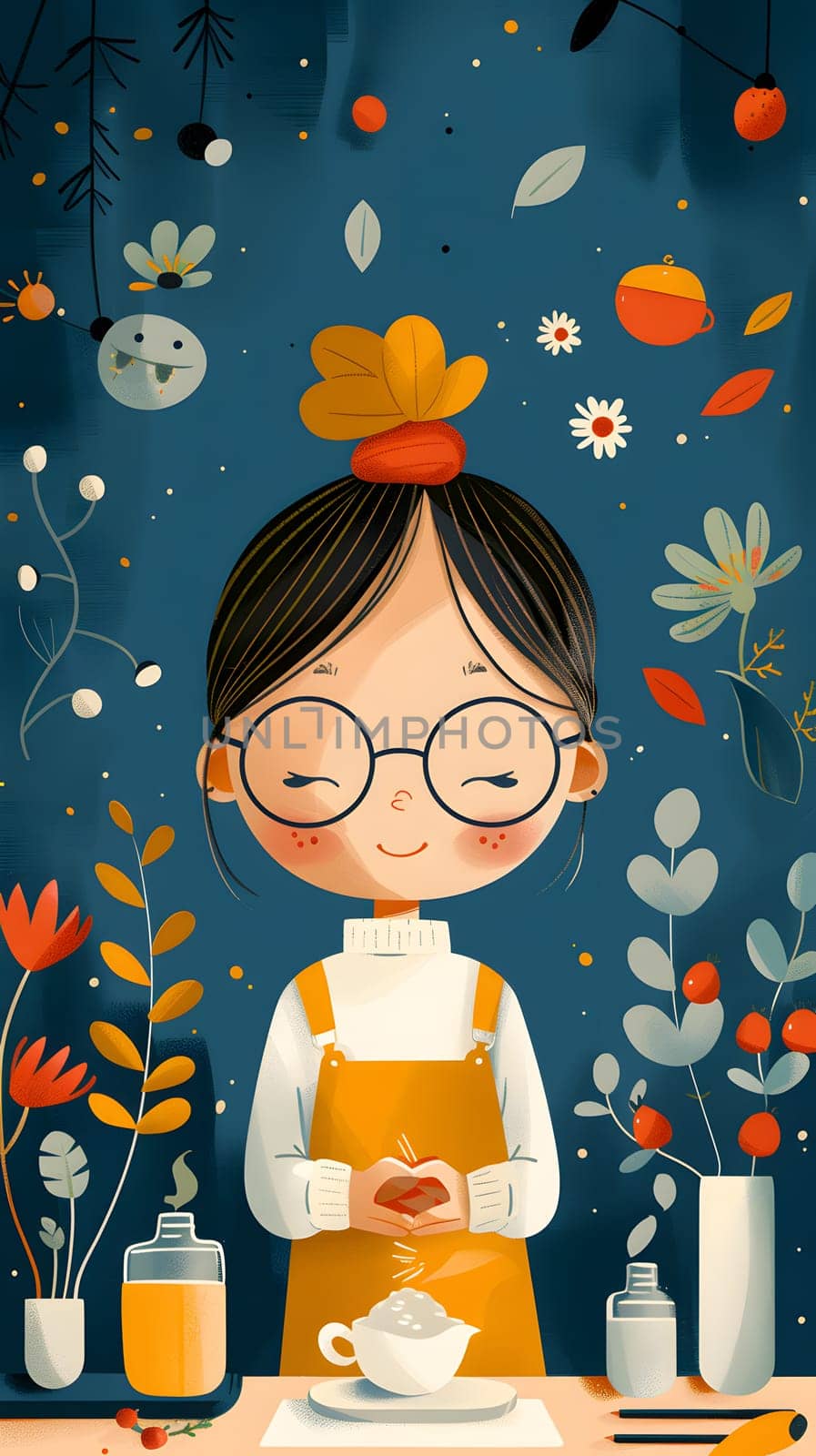A happy girl with glasses is painting in an orange room, holding a cup of tea by Nadtochiy