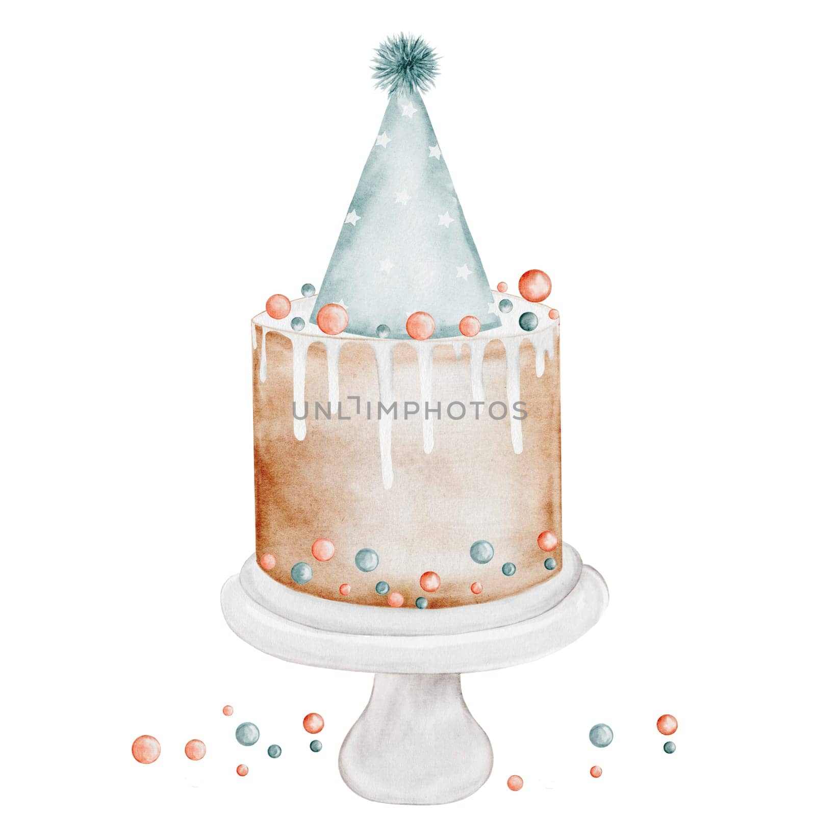 Birthday cake watercolor. Watercolor vintage illustration of a holiday pie. Clip art isolated on white background sweet pastries. Ideal for designing baby shower and birthday cards and invitations. High quality photo