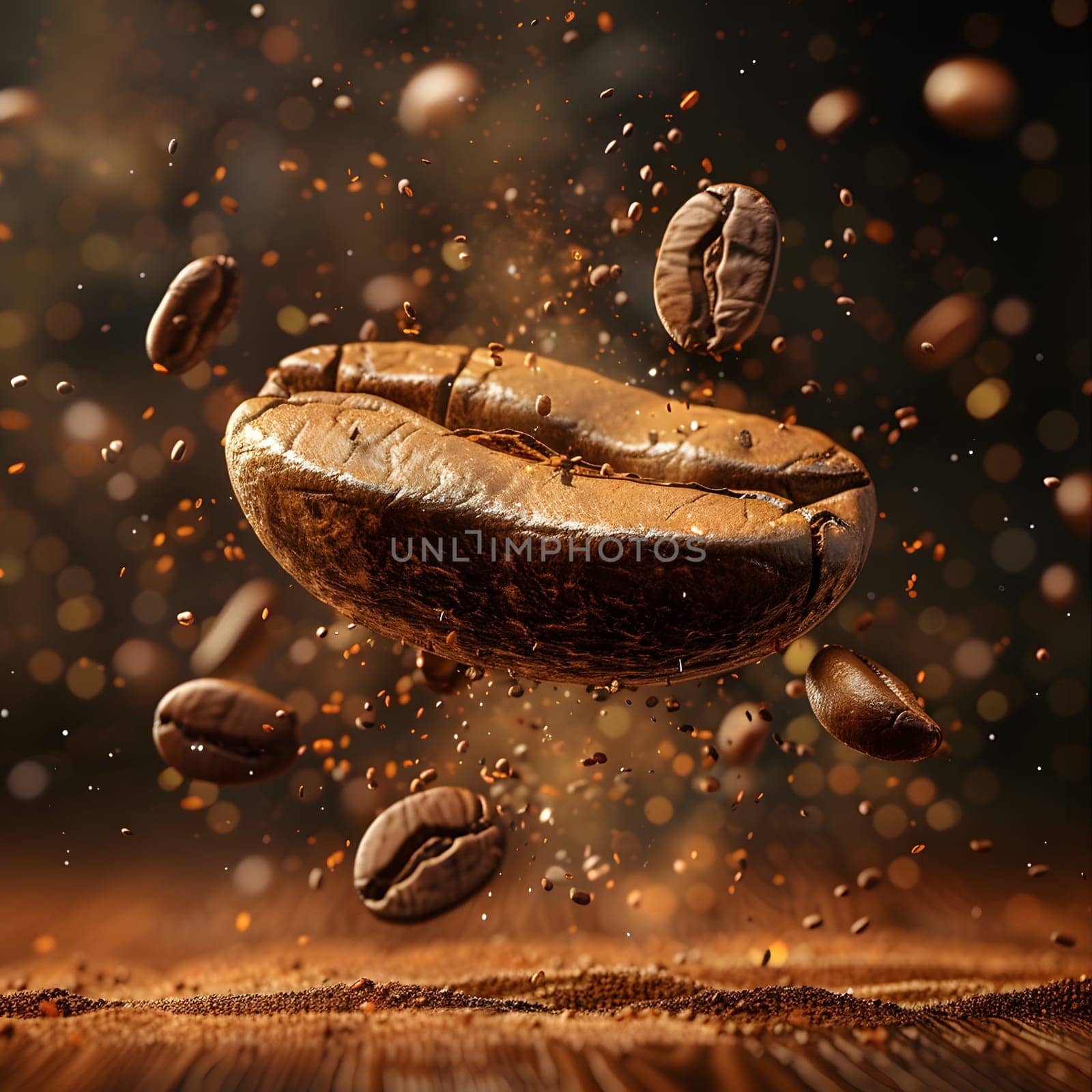 A coffee bean soars across a wooden surface in closeup by Nadtochiy