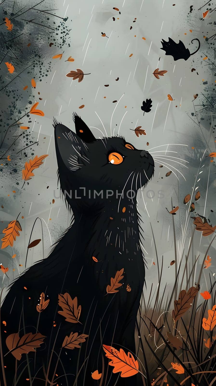 a black cat with orange eyes is sitting in the grass surrounded by leaves by Nadtochiy