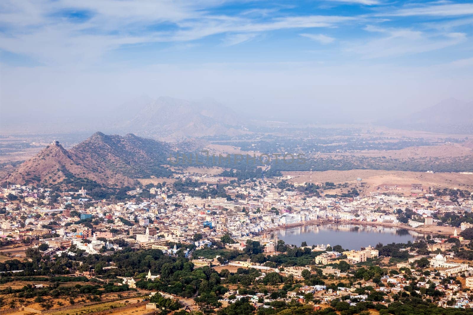 Holy city Pushkar aerial view from Savitri temple. Rajasthan, India