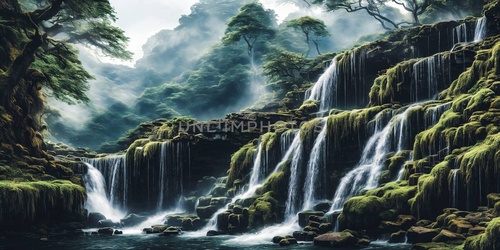 Scene Setting. Majestic waterfall cascading down a rocky cliff, surrounded by lush greenery.