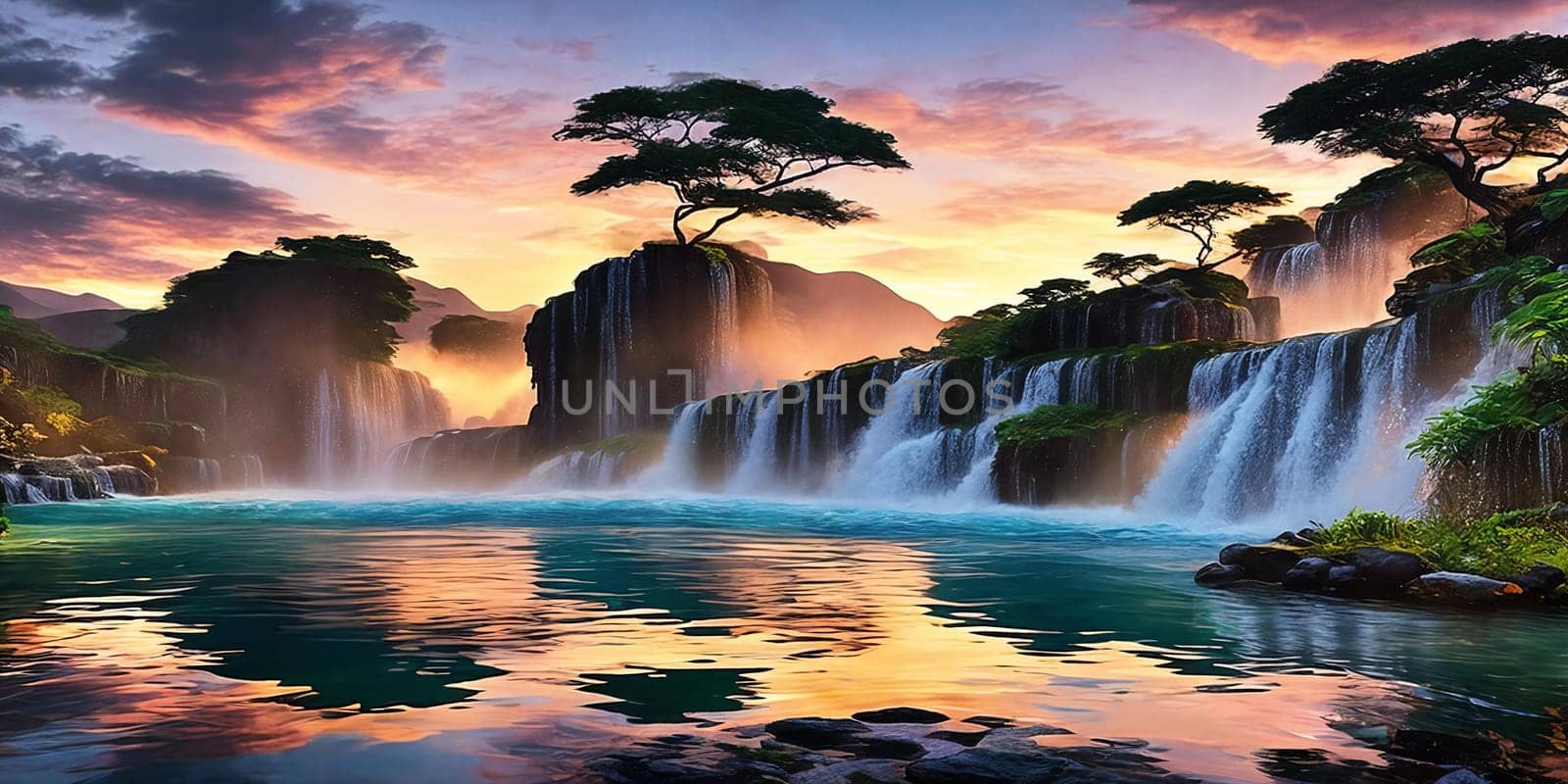 Waterfall reflecting the colors of the sunset in its shimmering waters, creating a mirror-like effect that adds depth and visual interest to the illustration.