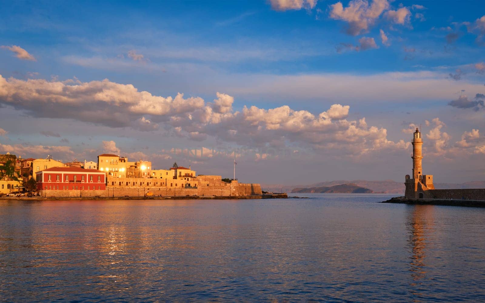 Panorama of picturesque old port of Chania is one of landmarks and tourist destinations of Crete island in the morning on sunrise. Chania, Crete, Greece