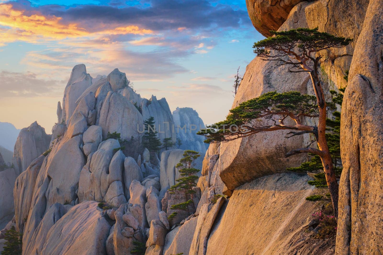 View from Ulsanbawi rock peak on sunset. Seoraksan National Park, South Corea by dimol