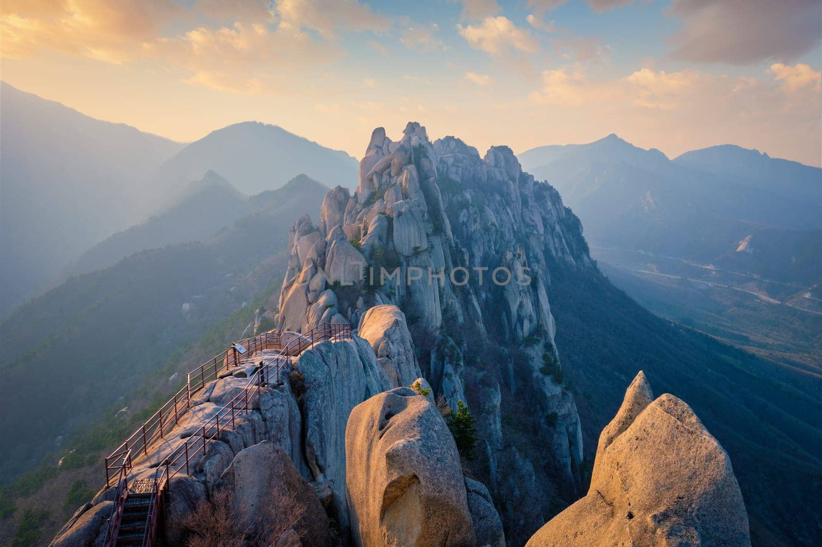 View of stones and rock formations from Ulsanbawi rock peak on sunset. Seoraksan National Park, South Corea