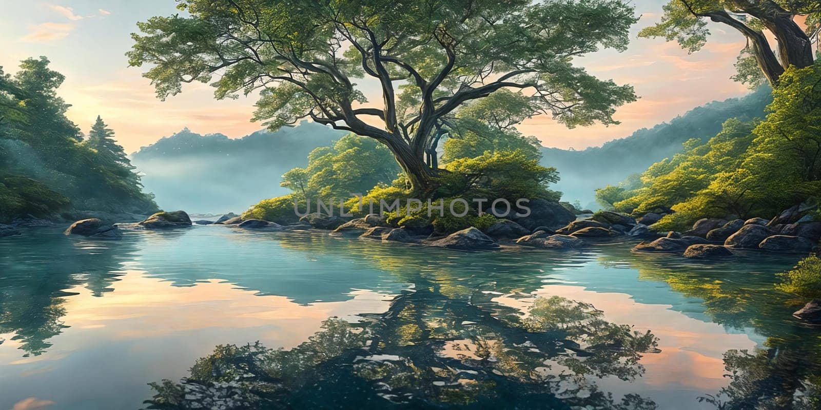 A breathtaking scene at dusk. Serene mountain forest by a glittering lake with a tent pitched