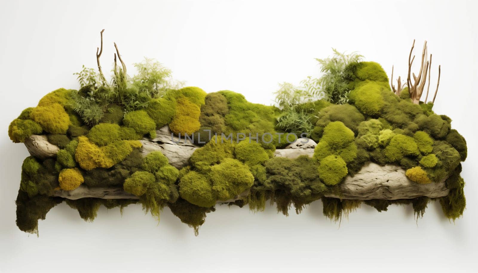 display of lush green Mosses showcasing various, isolated, white background. by Nadtochiy