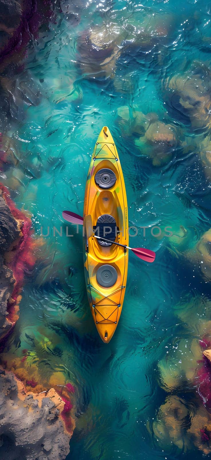 Electric blue kayak glides on water among rocky landscape by Nadtochiy
