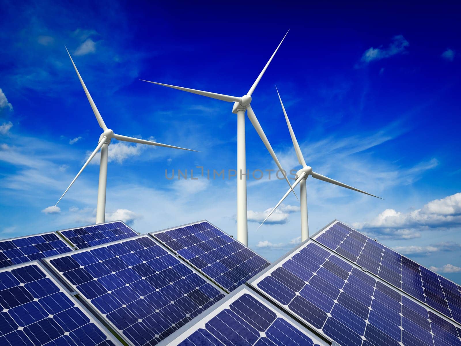 Green alternative energy and environment protection ecology concept - solar battery panels and wind generator turbines against blue sky