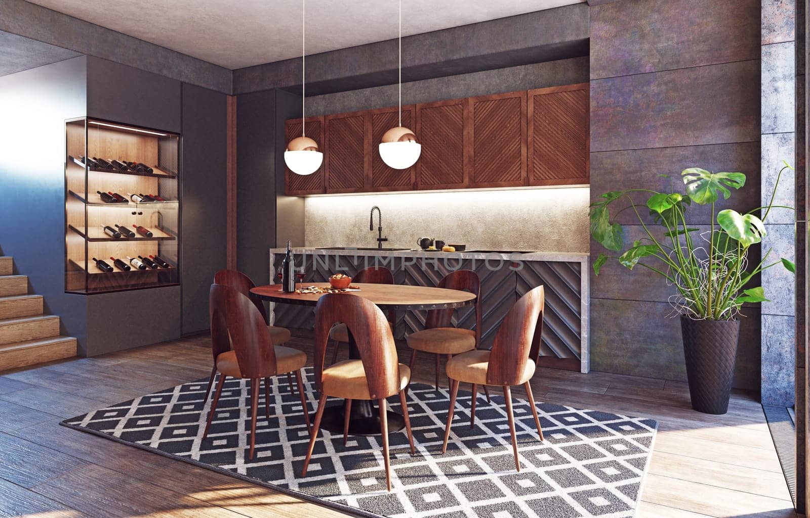 modern kitchen interior design concept. 3d rendering idea.