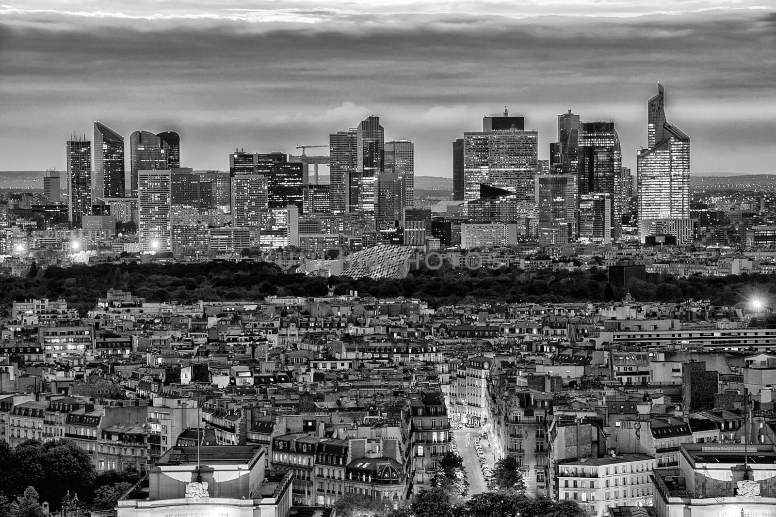 black and white old and color new Paris aerial view landscape panorama from eiffel tower