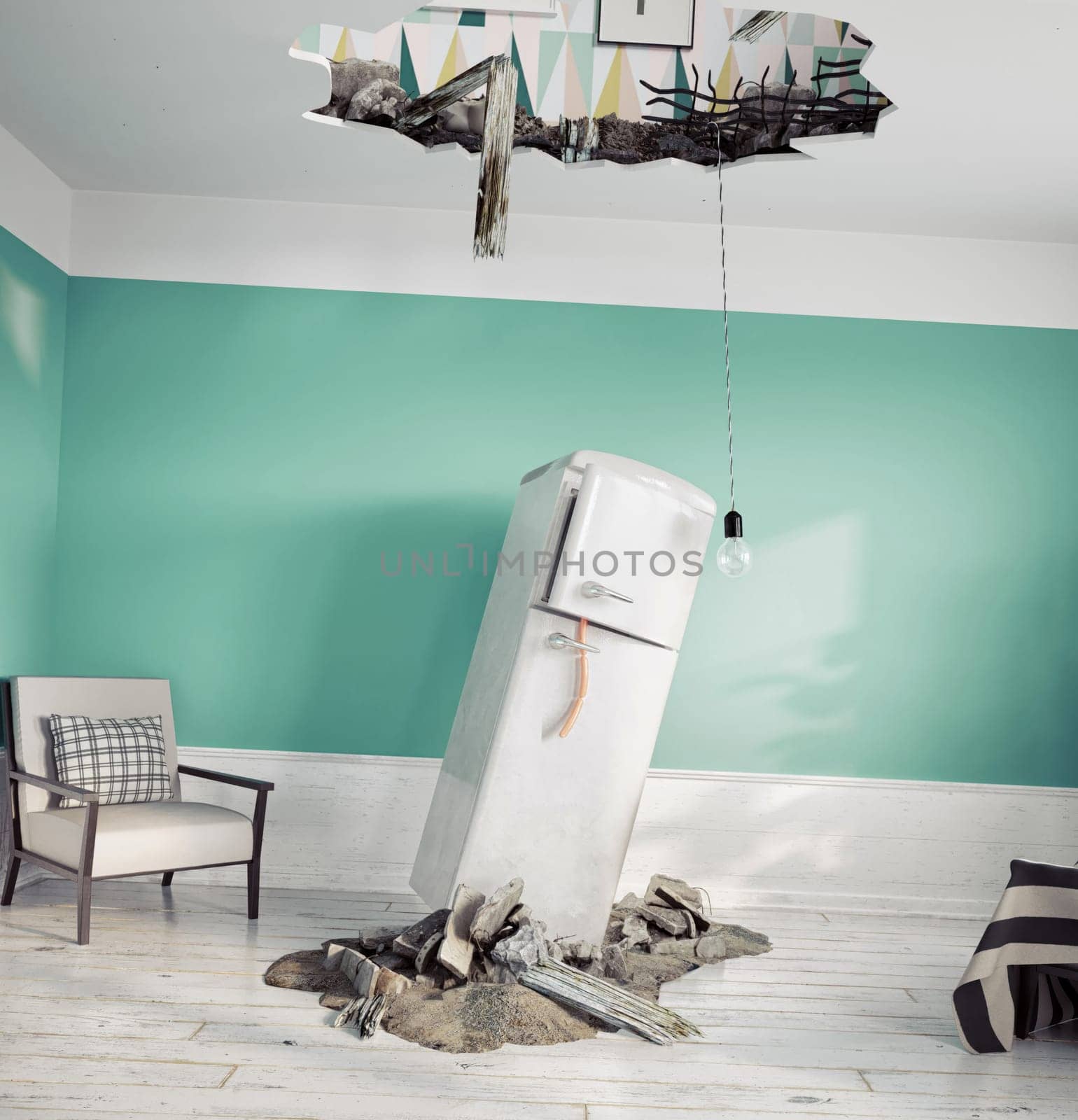 broken ceiling and falling refrigerator by vicnt