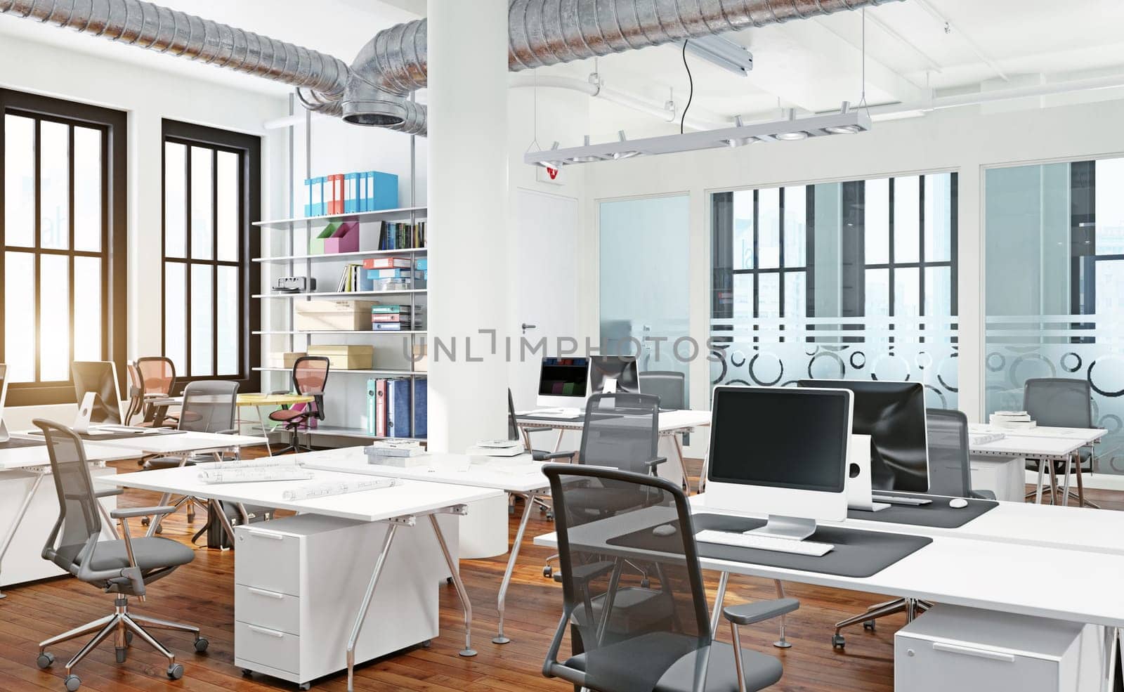 Modern office interior design concept. 3d rendering design