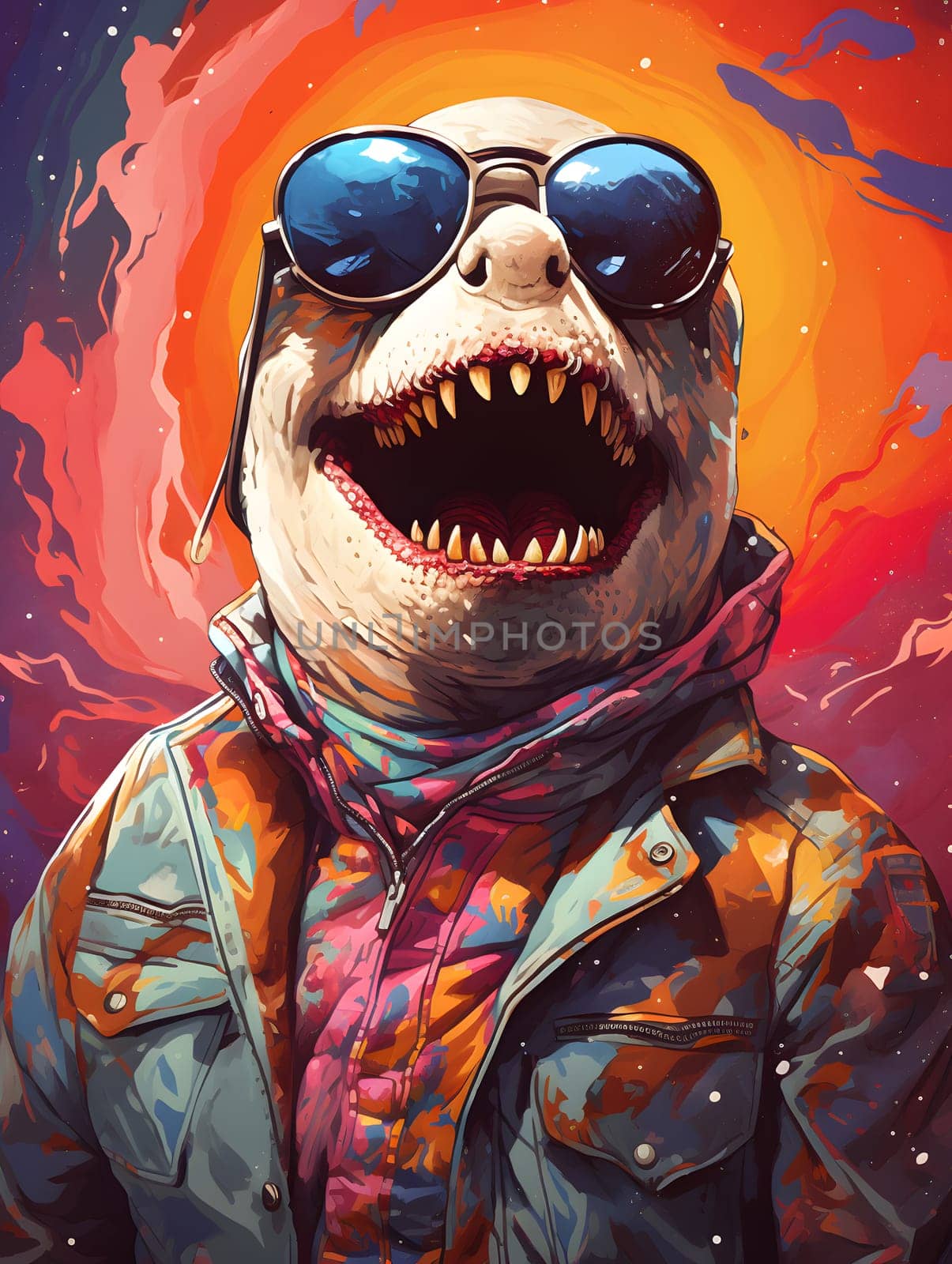 A vibrant painting featuring a bear sporting stylish sunglasses and a trendy jacket, exuding a hip and groovy vibe. The bear stands out against a colorful backdrop, making for a fun and quirky art piece.