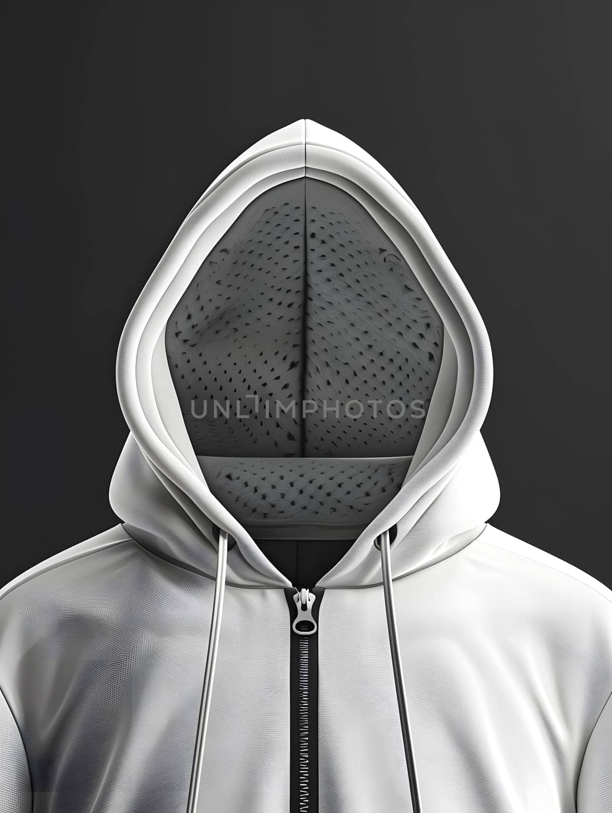 A detailed shot of a white hoodie with a hood, showcasing its sleek design against a black background. Perfect for comfort and style in automotive design or as a fashion accessory