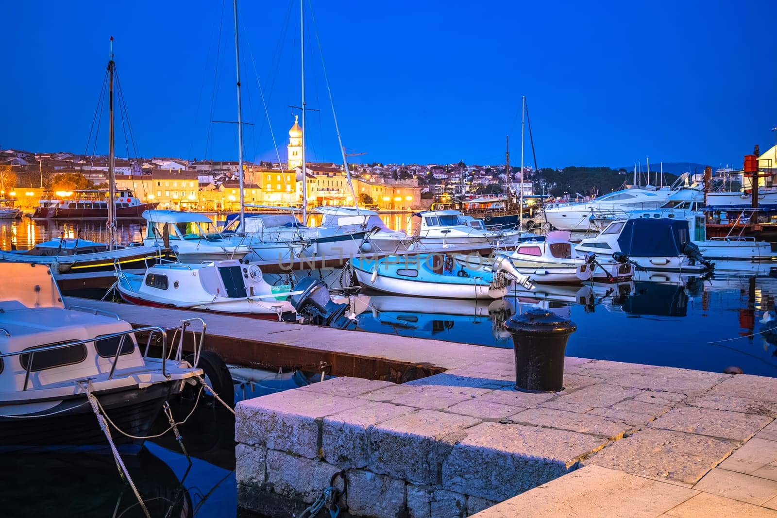 Island town of Krk harbor evening waterfront view, Kvarner region of Croatia