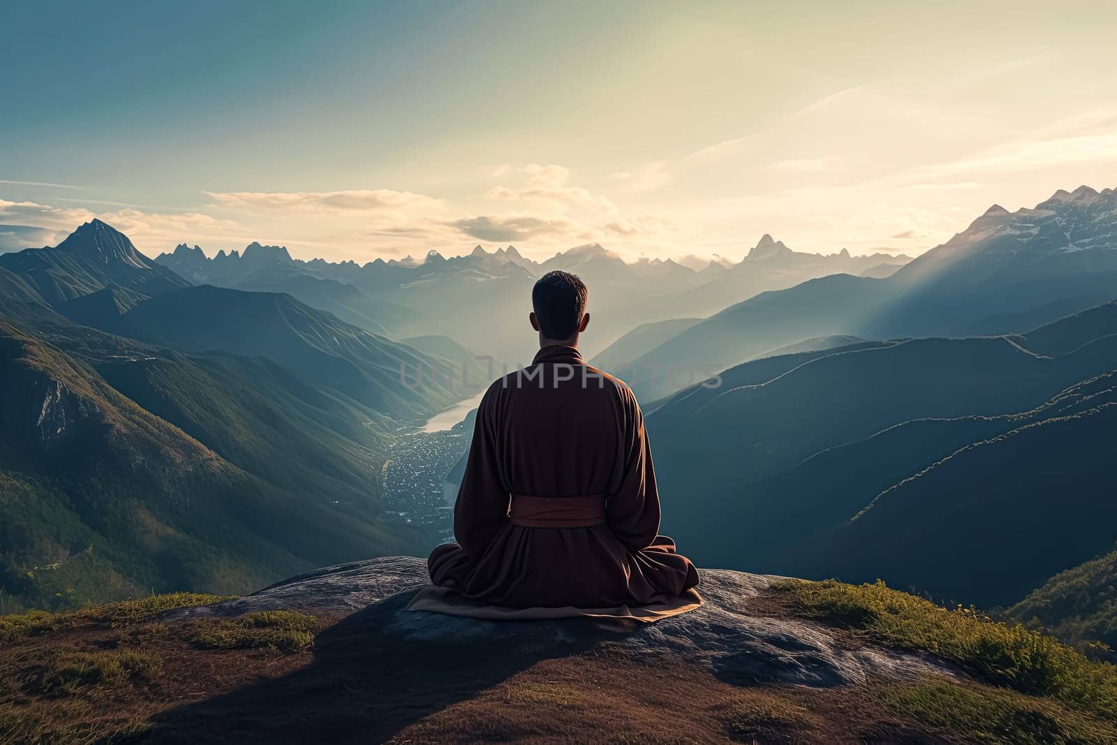 A man is sitting on a bench in front of a colorful sky. The sky is filled with clouds and the colors are vibrant and bright. Scene is peaceful and serene, as the man is taking a moment to sit