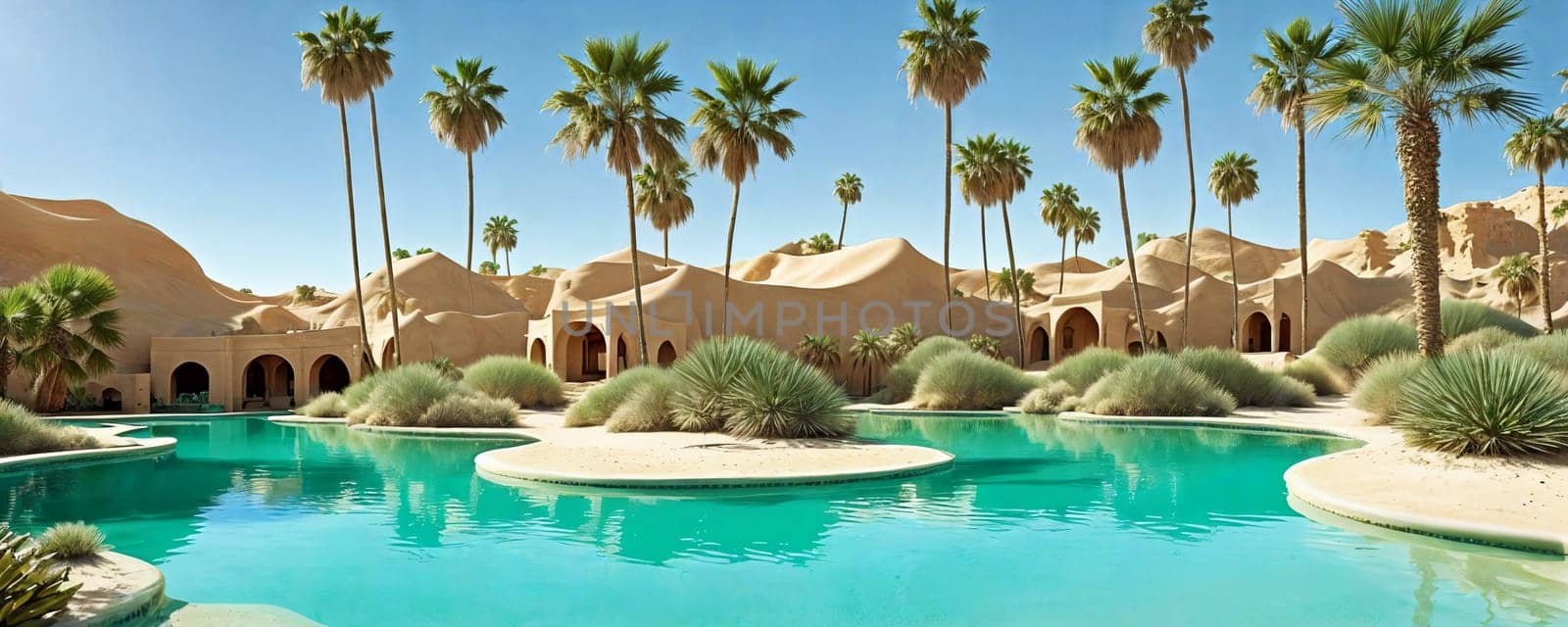 A hidden oasis in the desert with emerald-green waters, palm trees. AI Generated by GoodOlga