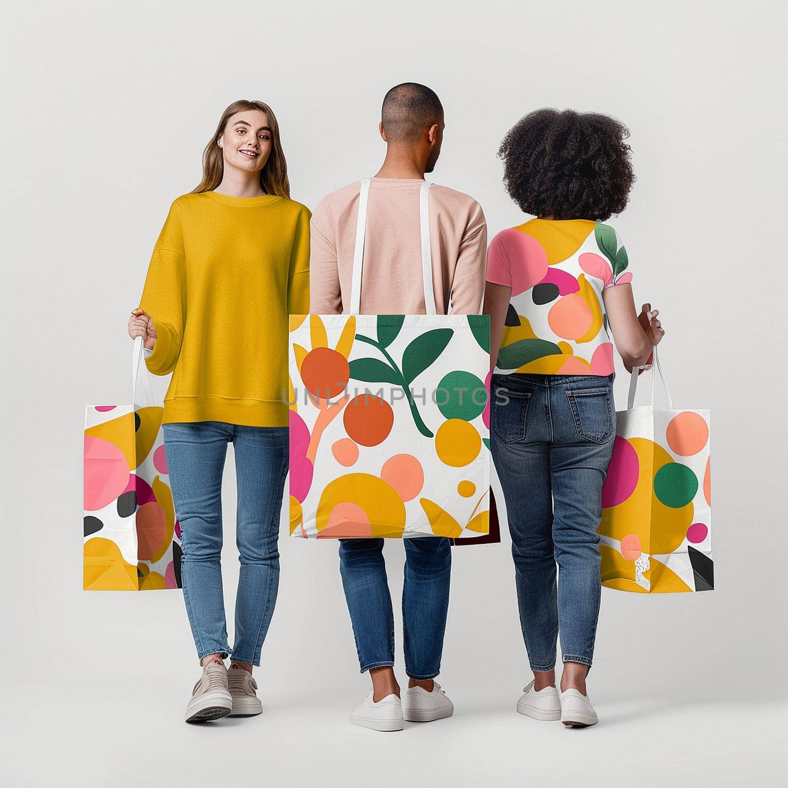 A group of friends shopping. Professional photo. High quality illustration