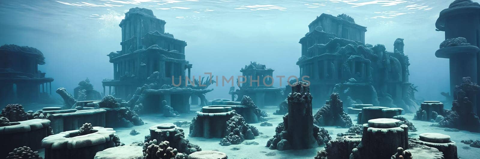 The mystical depths of an Underwater Ruins. Submerged buildings, coral-covered columns, schools of exotic fish glide through the streets. Generative AI. by GoodOlga