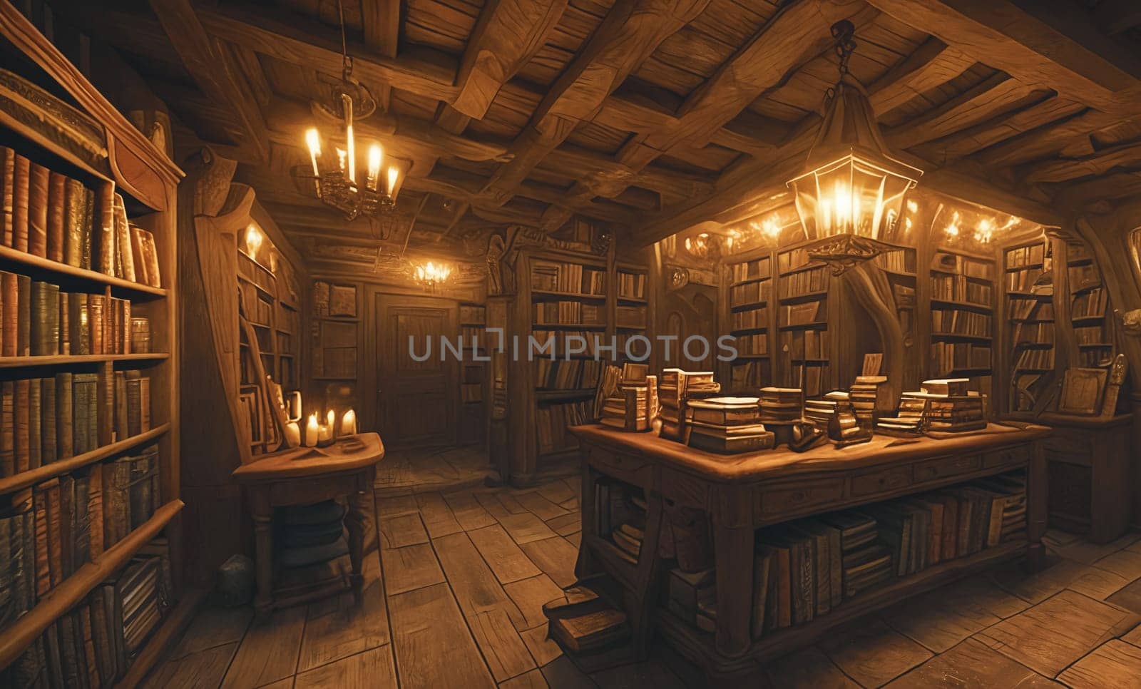 Step into the Enchanted Bookshop Nestled, its shelves hold antique books in candlelight Shadows dance on ancient tomes. Generative AI by GoodOlga