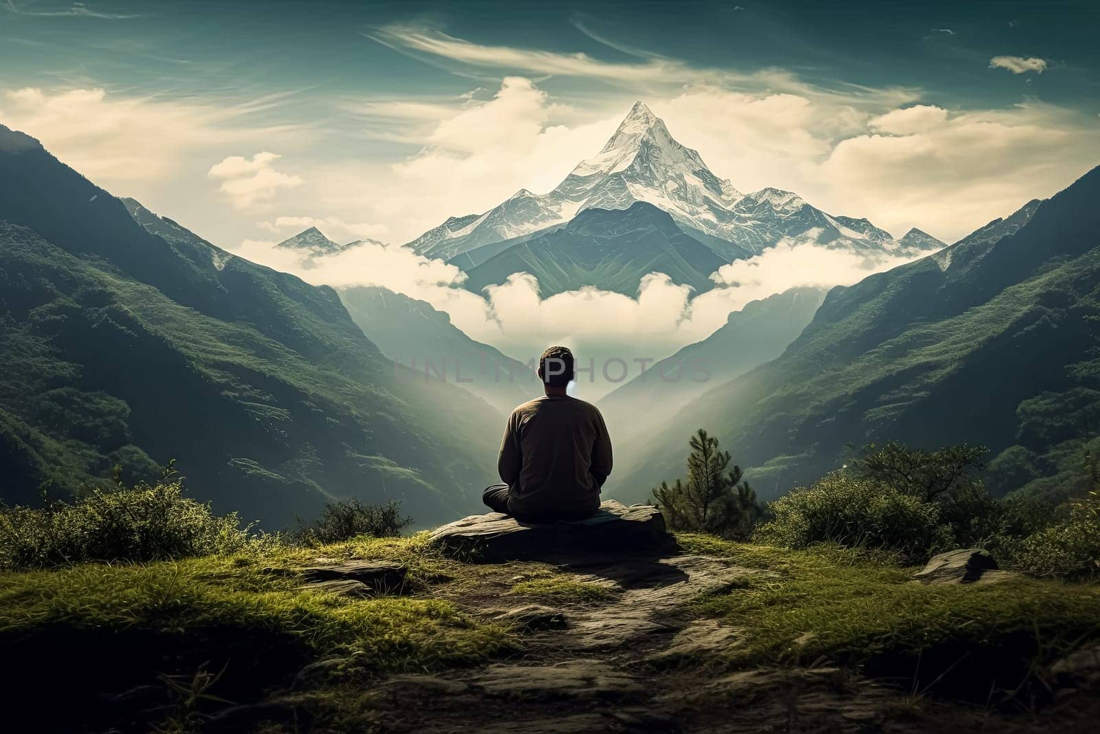 A man is sitting on a bench in front of a colorful sky. The sky is filled with clouds and the colors are vibrant and bright. Scene is peaceful and serene, as the man is taking a moment to sit