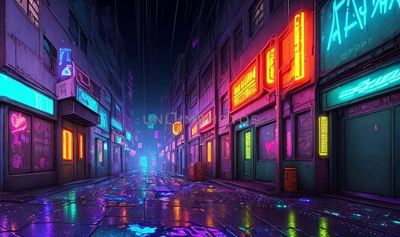 In a cyberpunk alley, neon signs cast a gritty glow on holographic graffiti, rain-soaked pavement glistens under ominous skies.