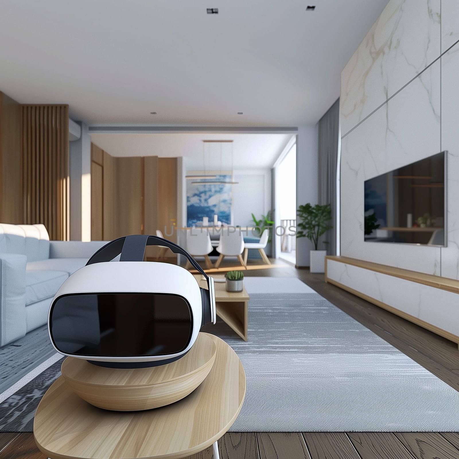 Mock-up of virtual reality. Integration of virtual reality into the comfort of home. High quality illustration