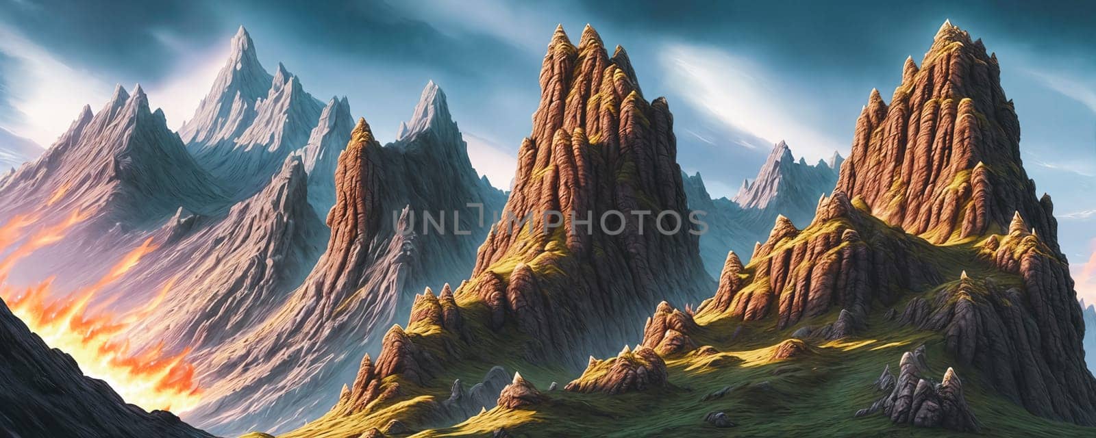 Dragons lair. Rugged grandeur of towering mountains, fierce crags, and treacherous cliffs. by GoodOlga