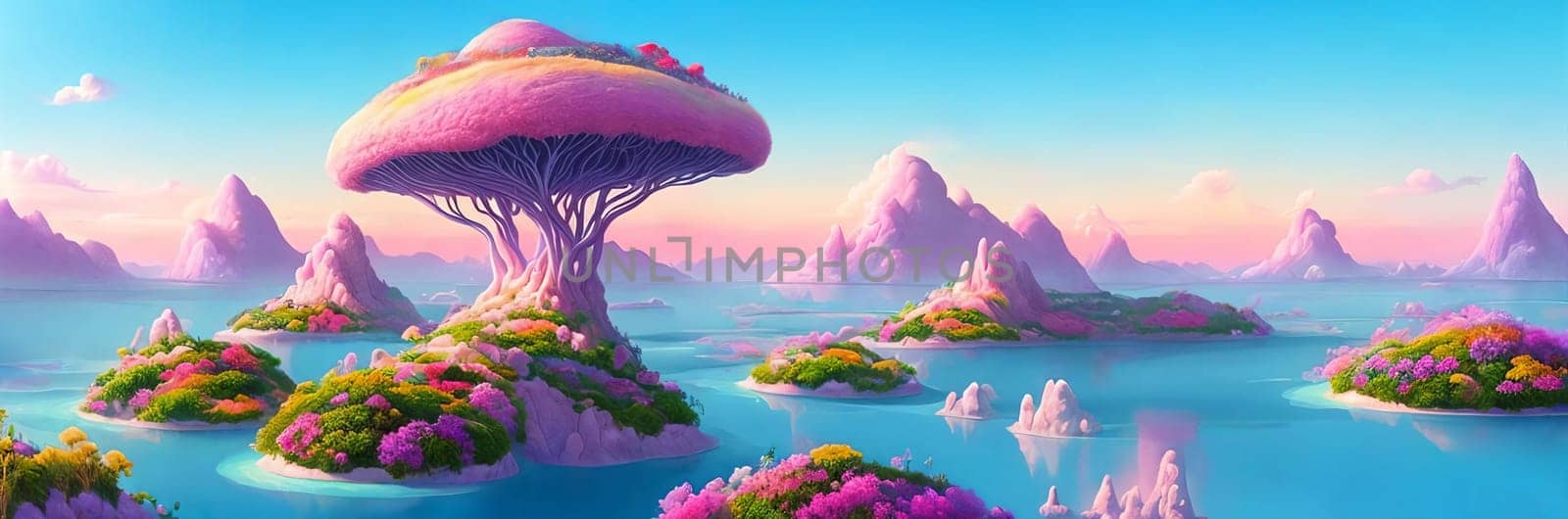 Surreal and dreamlike landscape of floating islands suspended in a pastel-colored sky by GoodOlga