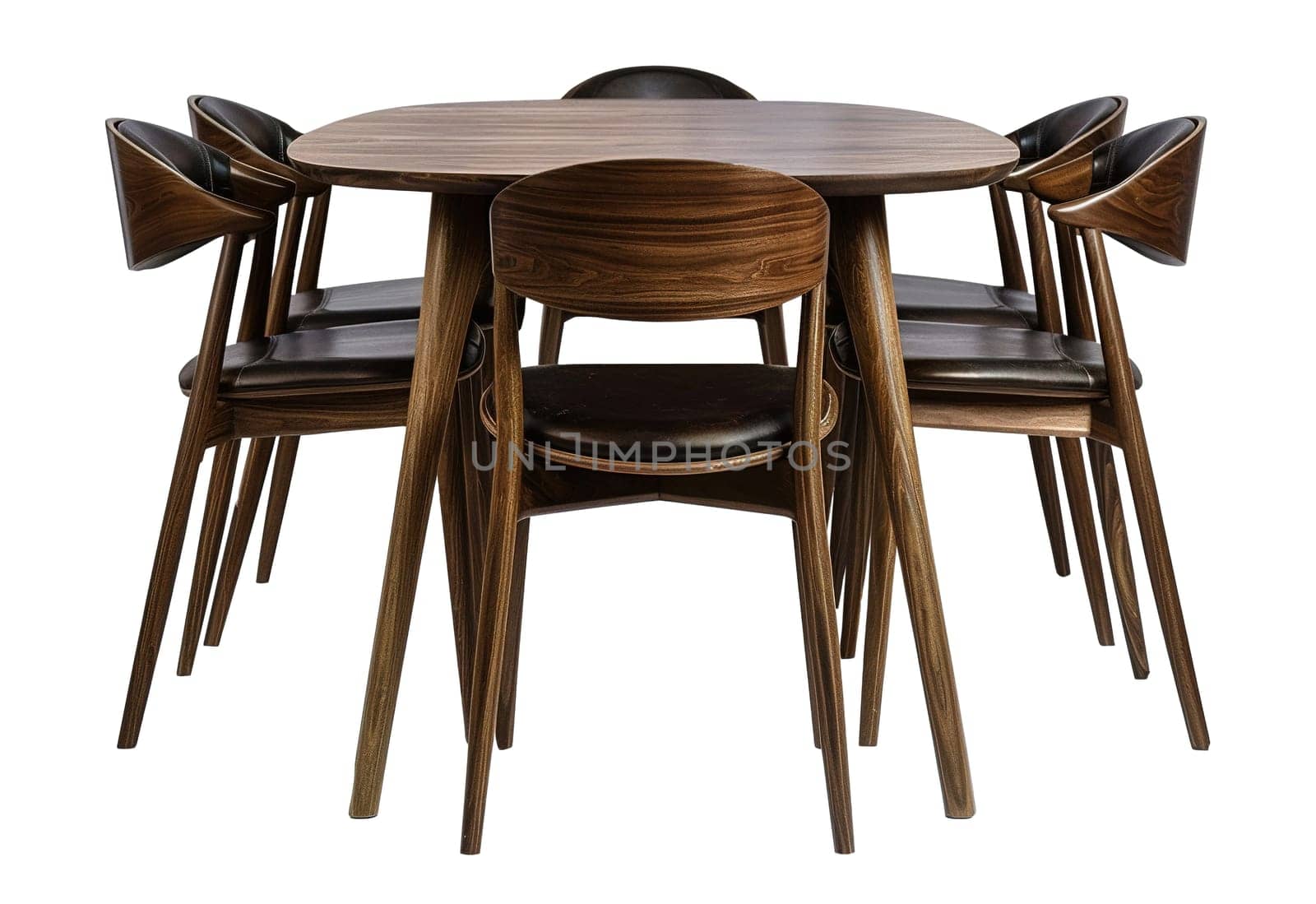 Mid-century modern dining set with dark wood table and chairs with leather upholstery, isolated on white background, ideal for chic interiors. Cut out dining room furniture. Front view. Generative AI