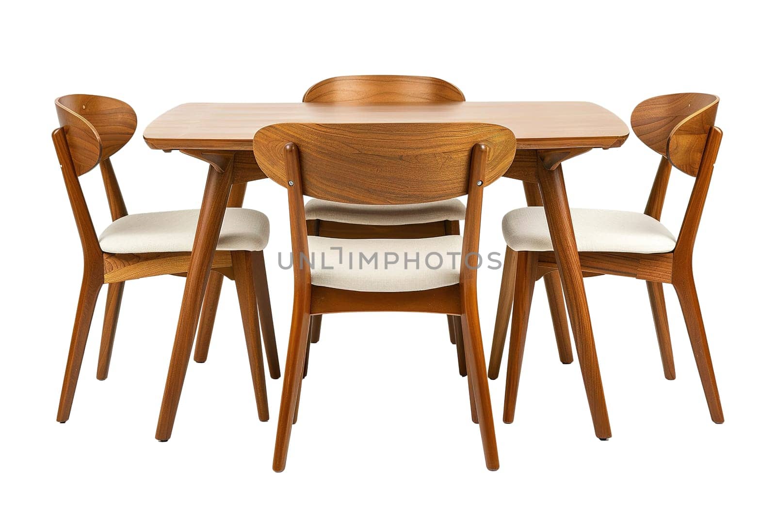 Modern dining set with a wooden table and cream upholstered chairs, isolated on white background. Cut out dining room furniture. Front view. Generative AI