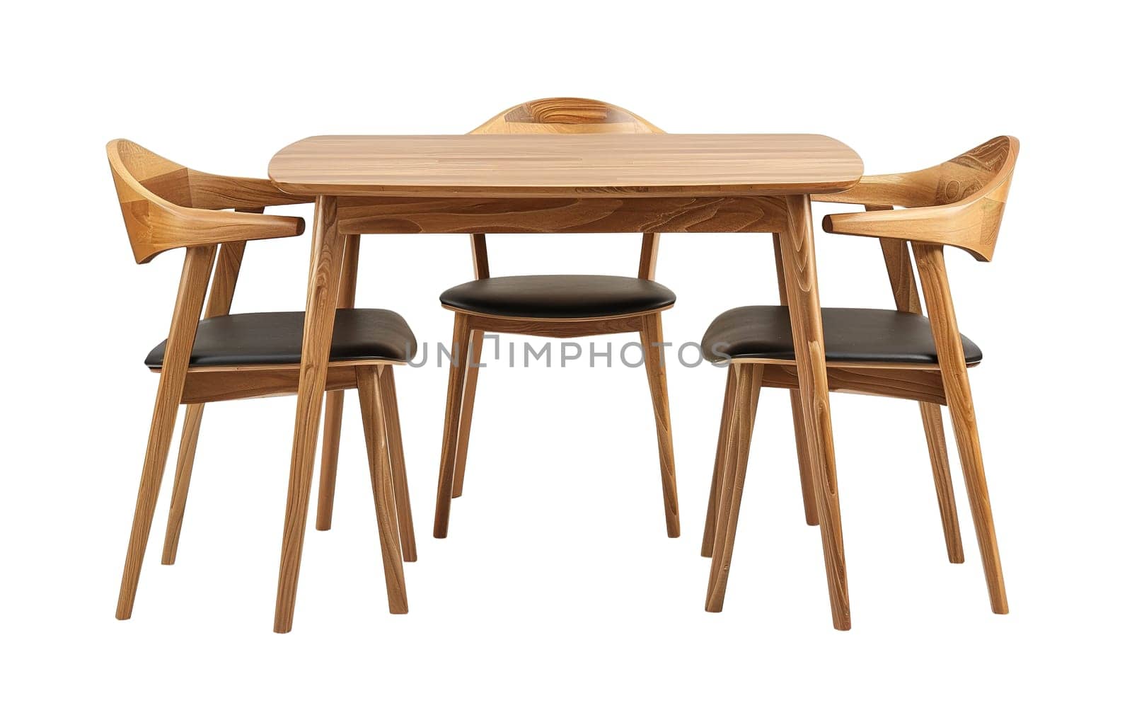 Mid-century modern dining set with wood table and chairs with leather upholstery, isolated on white background, ideal for chic interiors. Cut out dining room furniture. Front view. Generative AI. by creativebird