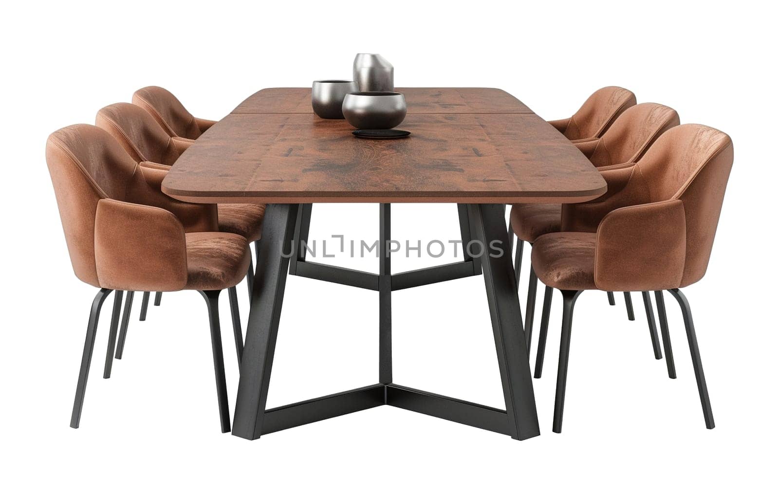 Stylish dining set with a wooden table and velvet chairs in rich caramel, isolated on white background. Cut out dining room furniture. Front view. Generative AI