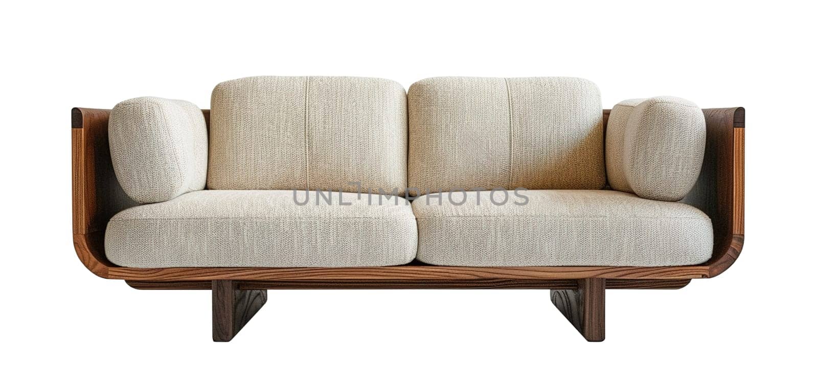 Front view of cozy, beige sofa with wooden frame, isolated on white background. Cut out living room furniture. Contemporary, Scandinavian or Japandi style. Generative AI