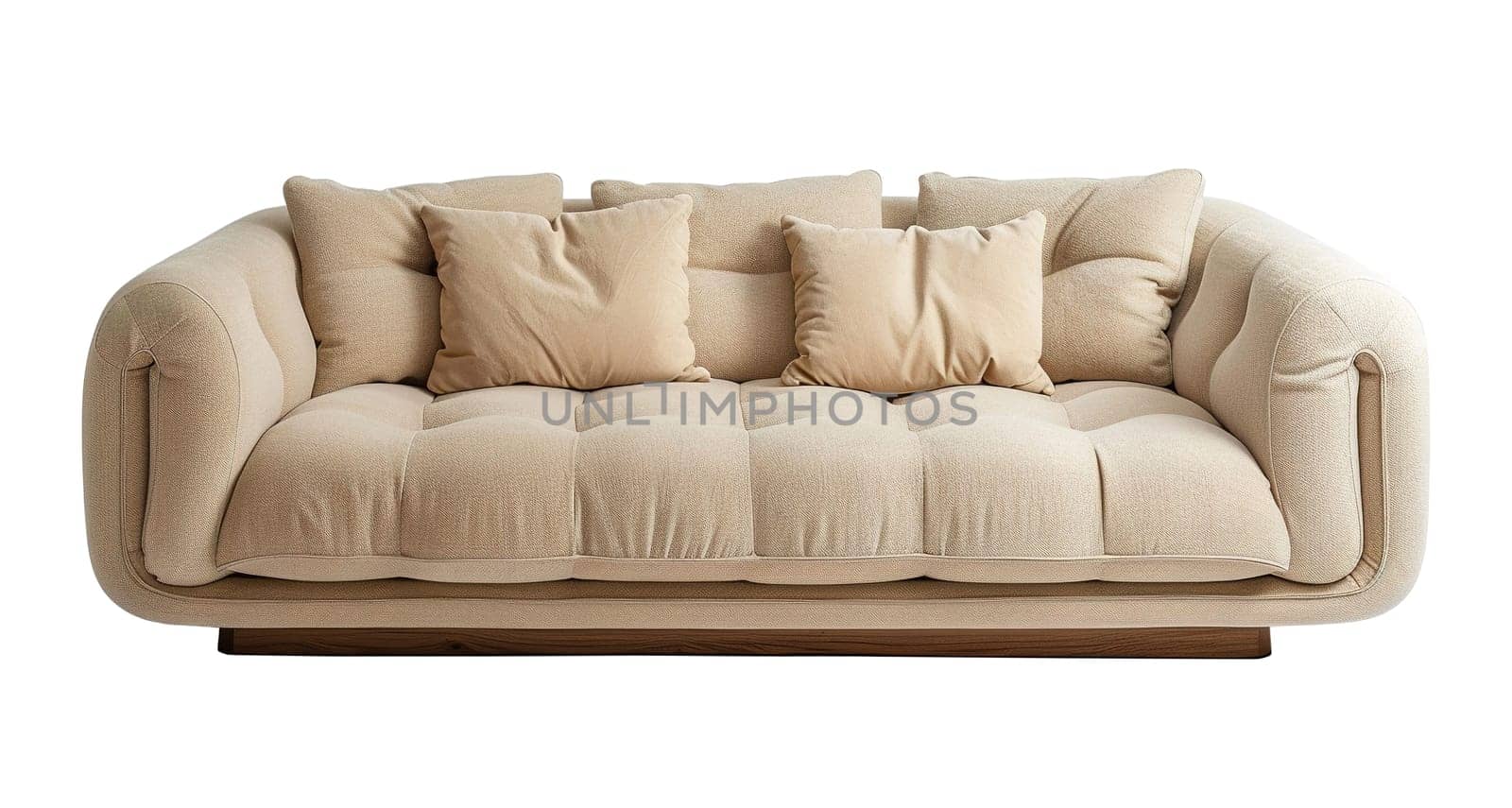 Front view of cozy, beige sofa with plush cushions, isolated on white background. Cut out living room furniture. Contemporary, Scandinavian or Japandi style. Generative AI