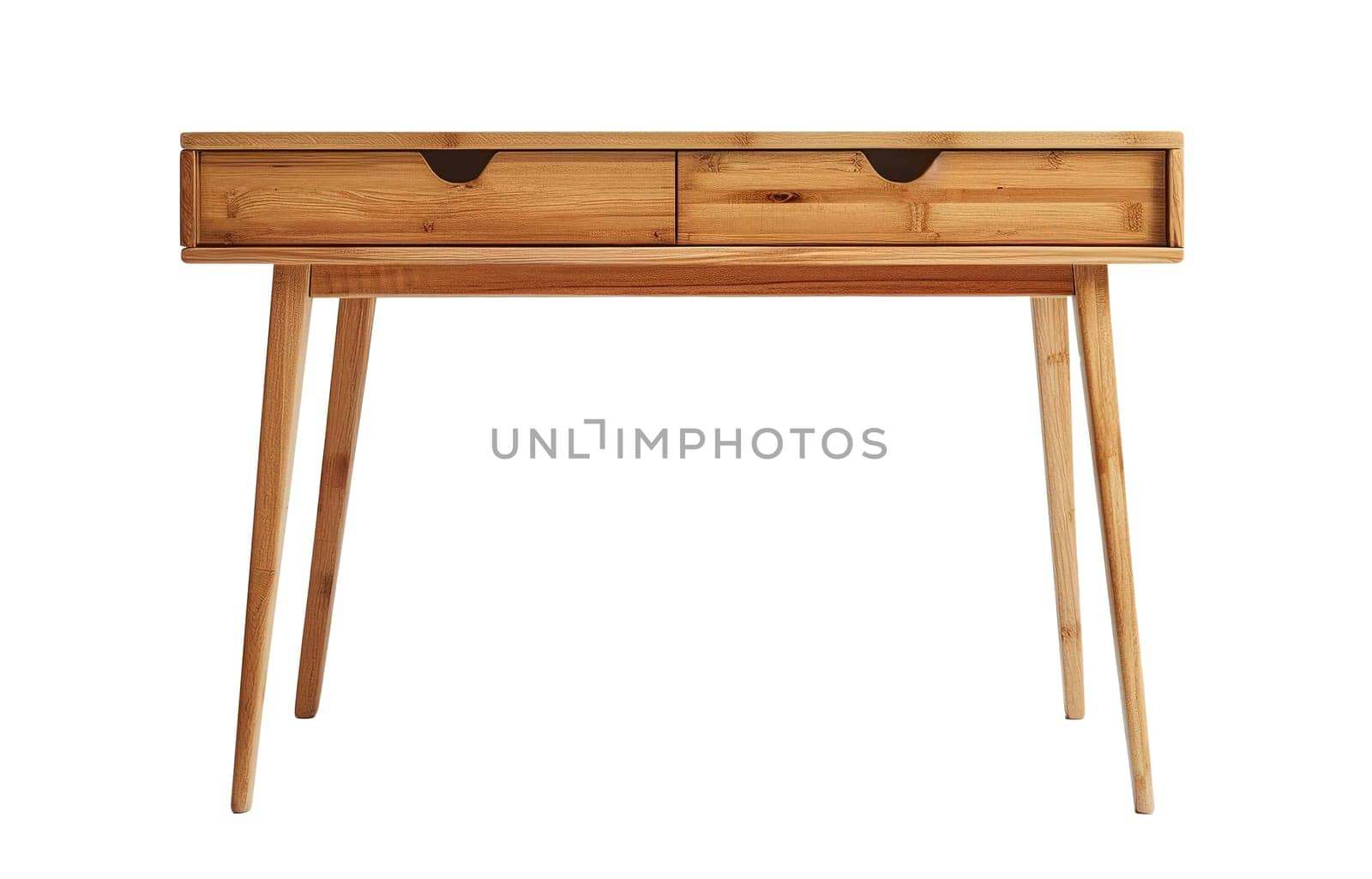 Minimalist Nordic design wooden desk with sleek lines and drawers, isolated on white background, perfect for modern home or office. Cut out furniture. Front view. Generative AI