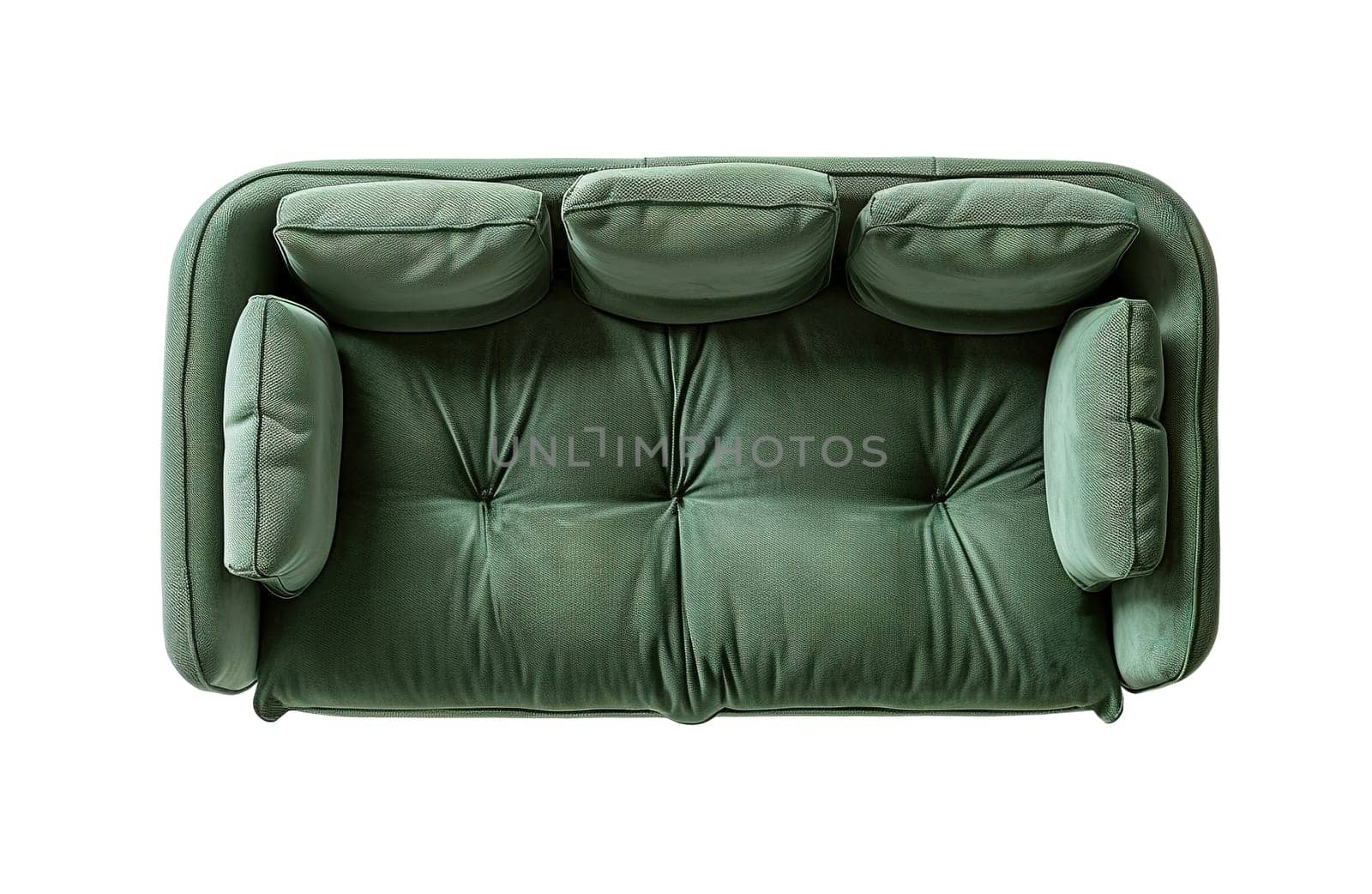 Top view of green, modern sofa, isolated on white background. Cut out living room furniture. Contemporary, Scandinavian style. High angle view. Nordic design. Generative AI. by creativebird