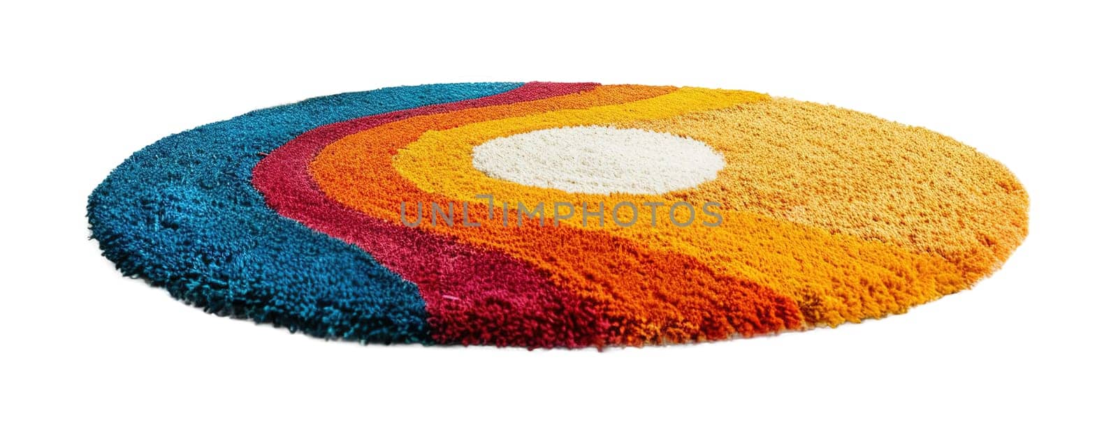Modern, colorful round carpet, front view. Rug isolated on white background. Cut out home decor. Contemporary style. Vibrant colors. Artistic design. Generative AI