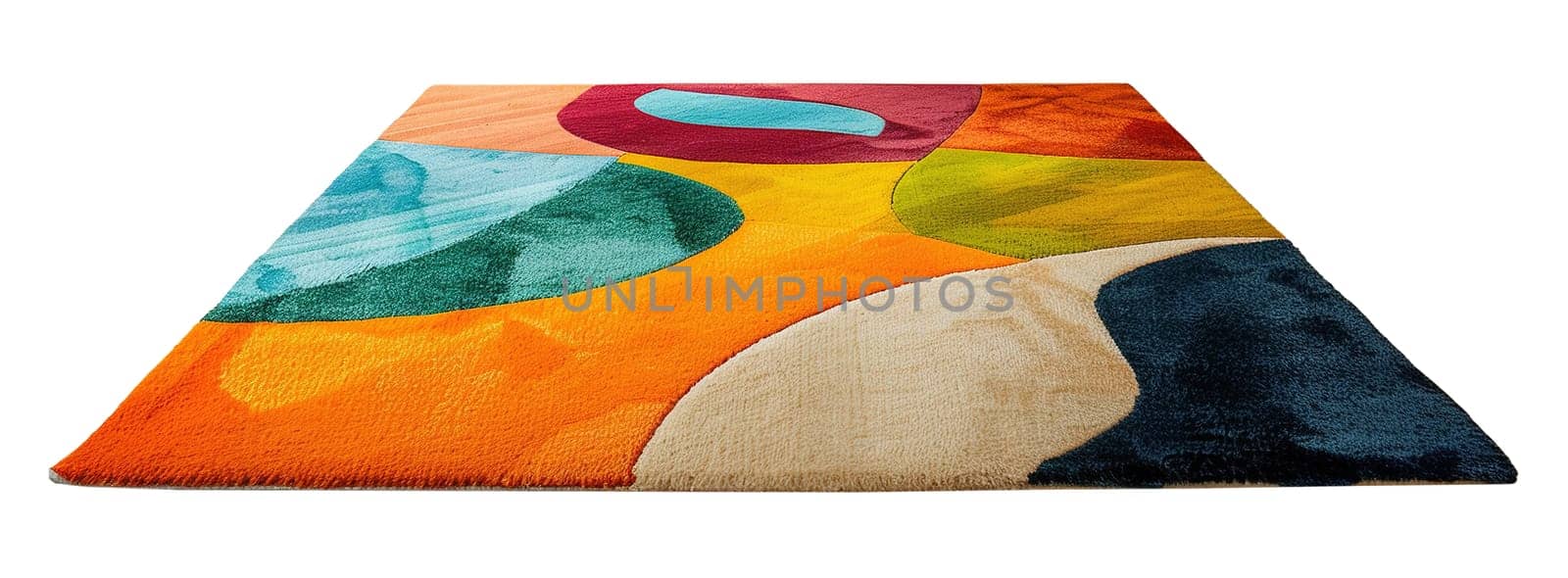 Modern, colorful rectangular carpet, front view. Rug isolated on white background. Cut out home decor. Contemporary style. Vibrant colors. Artistic design. Generative AI. by creativebird