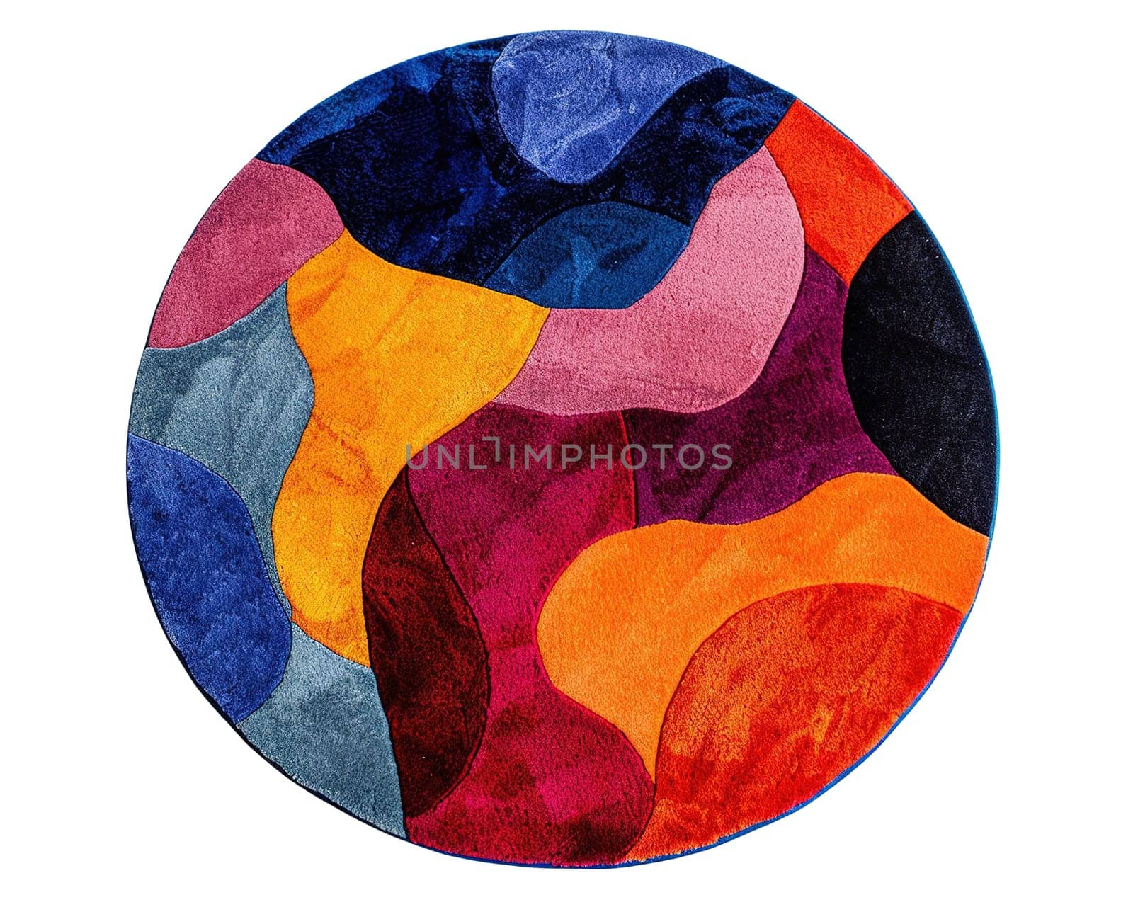 Modern, colorful round carpet, top view. Rug isolated on white background. Cut out home decor. Contemporary style. Vibrant colors. Artistic design. High angle view. Generative AI. by creativebird