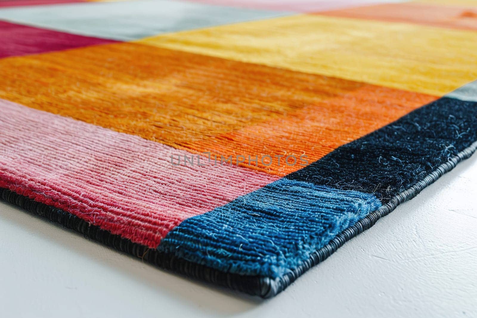 Colorful handwoven rug with dynamic textures. Close up view. Home comfort and design aesthetics. Home textiles. Carpet for kids room. Generative AI