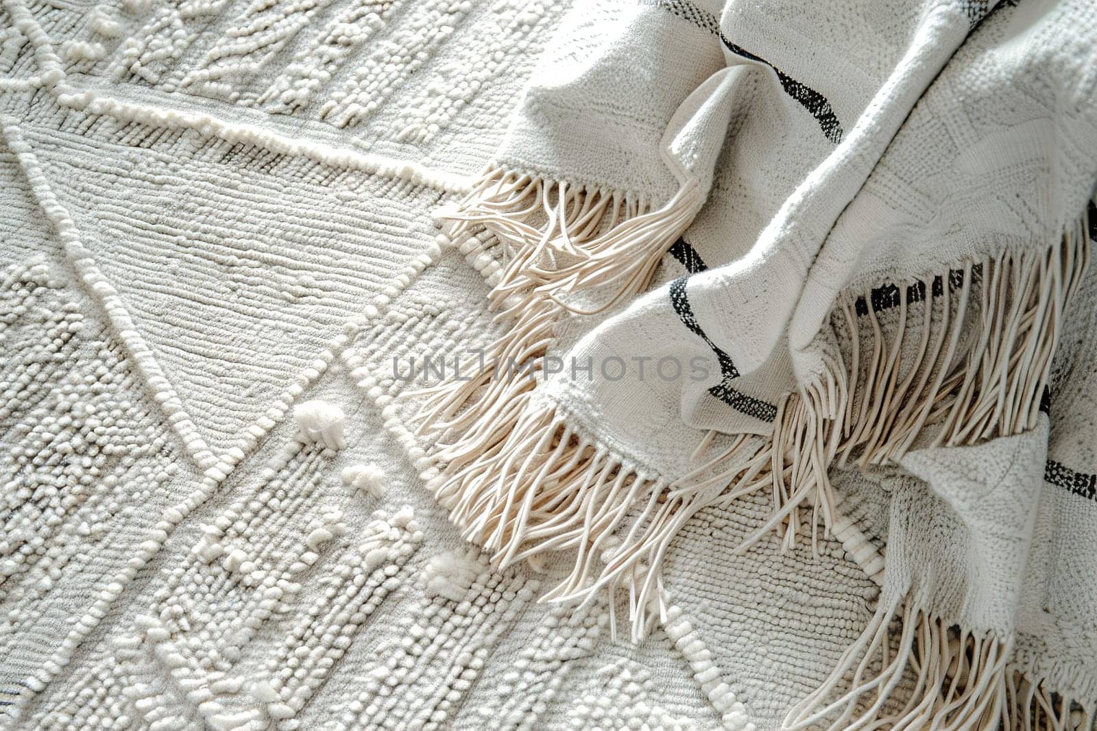Textured white rug, showcasing high detail and craftsmanship, ideal for interior design marketing and cozy home concepts. Modern home textiles. Close up view. Generative AI