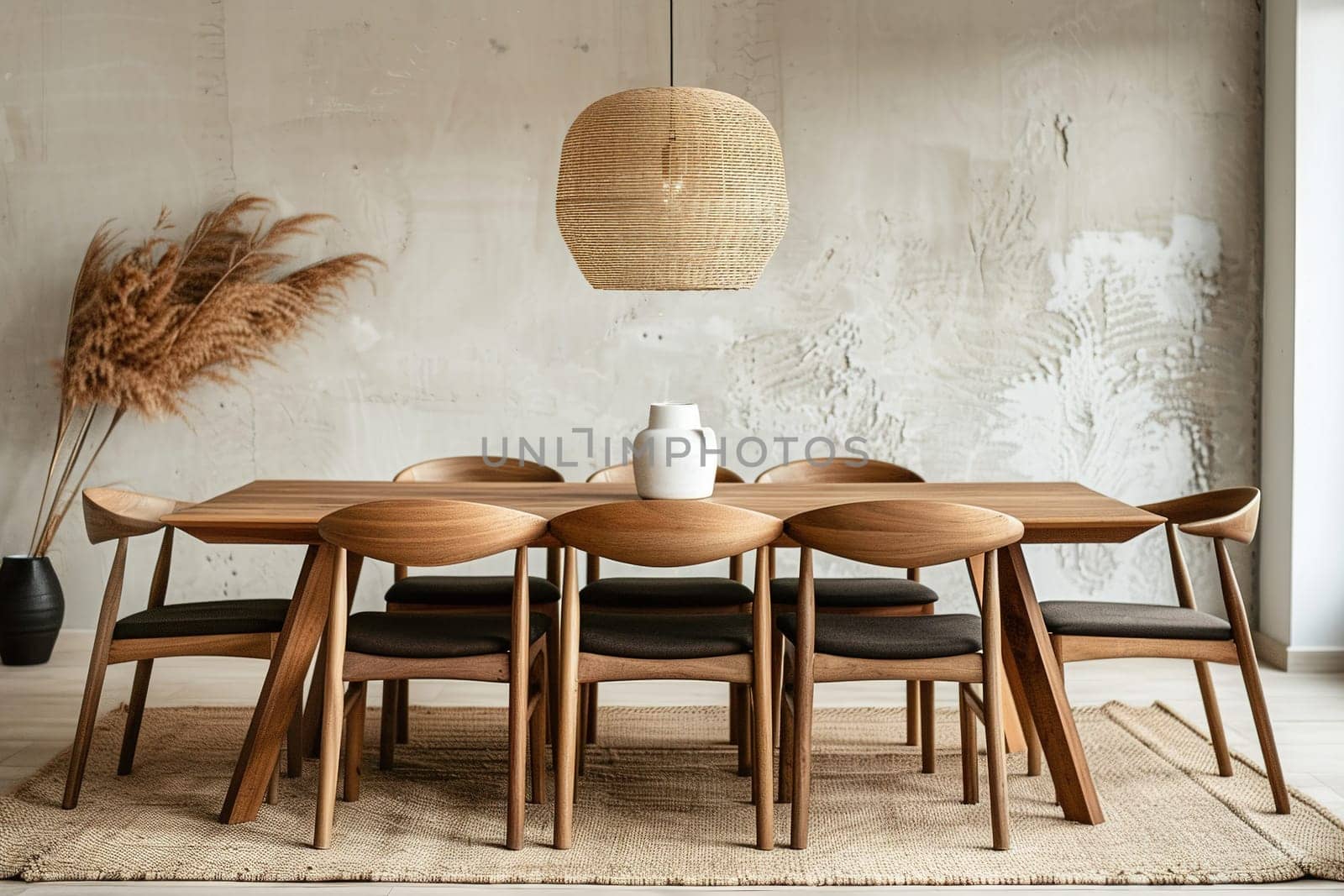 Modern minimalist dining room with wooden table and chairs, under woven pendant lamp, against textured wall with decorative pampas grass in vase, perfect for interior design themes. Generative AI