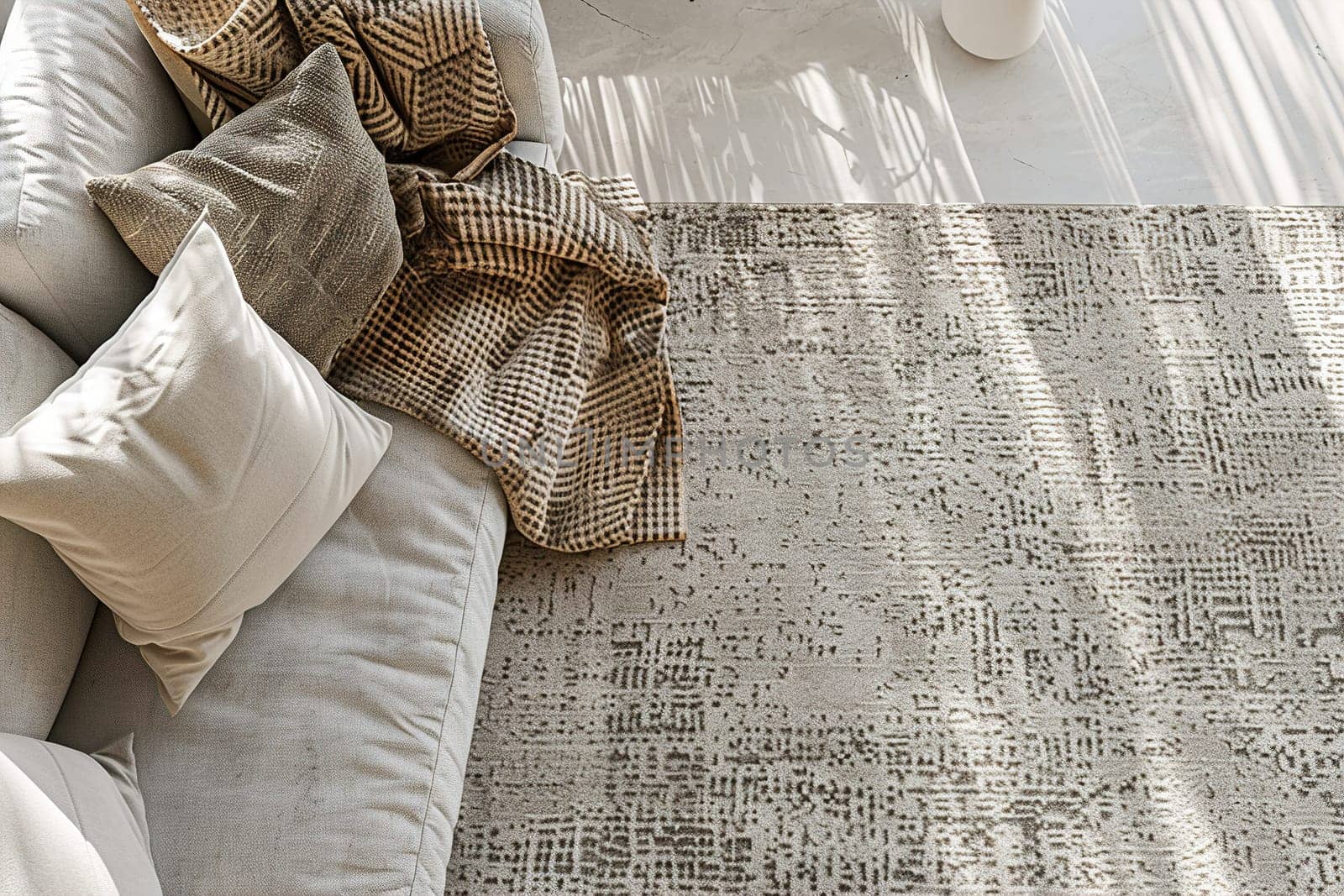 Elegant interior with a textured rug and plush pillows, casting soft shadows in sunlight, ideal for home decor and lifestyle advertising. Modern home textiles. Close up view. Generative AI