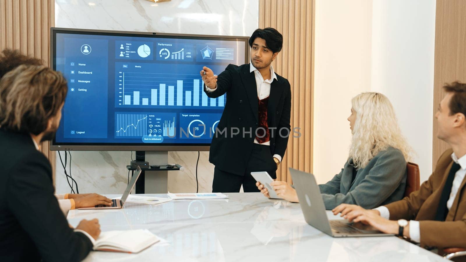 Presentation in office or ornament meeting room with analyst team utilize BI Fintech to analyze financial data. Businesspeople analyzing BI dashboard power display on TV screen for strategic planning