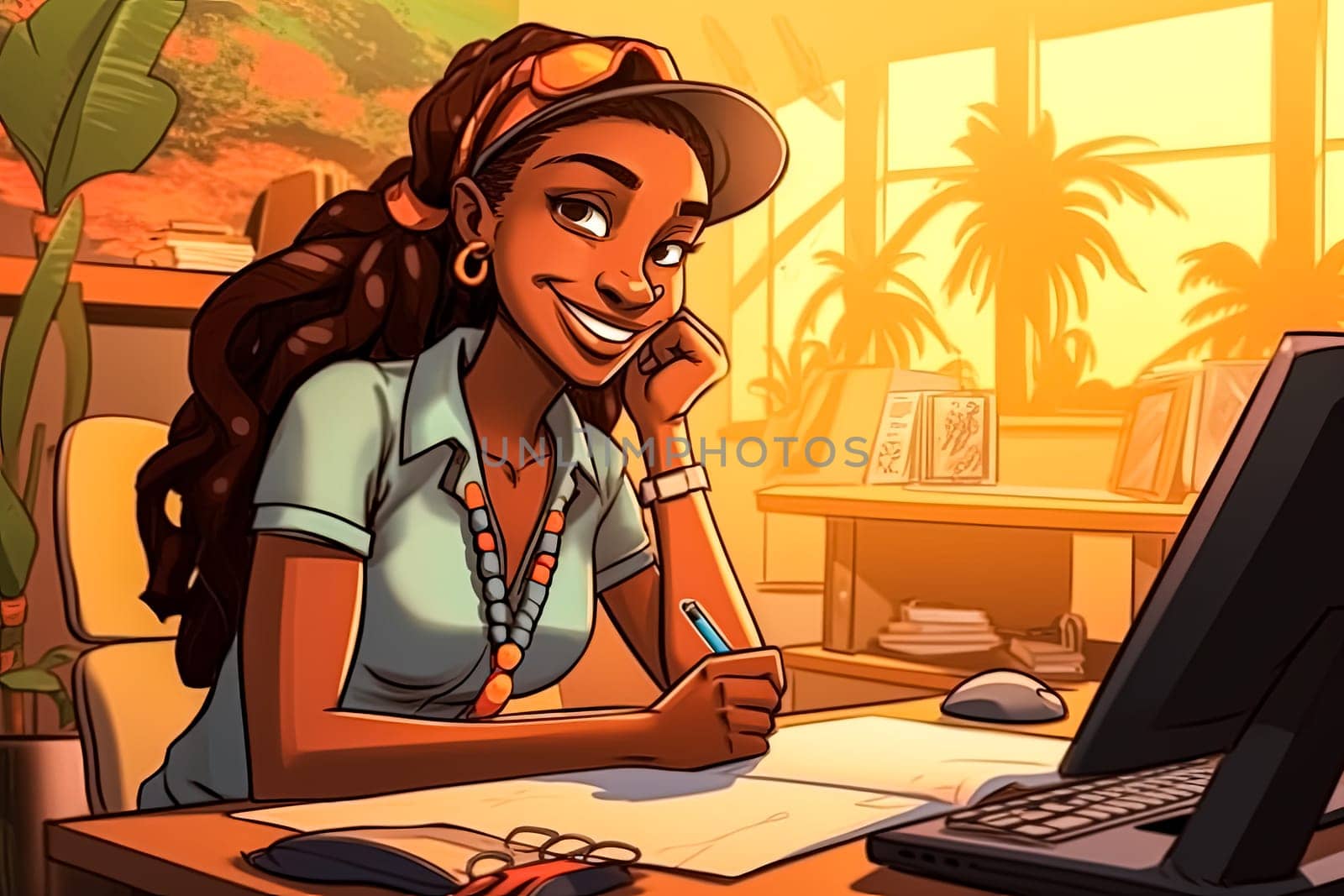 A woman with curly hair is sitting at a desk with a stack of papers in front of her. She is smiling and she is enjoying her work